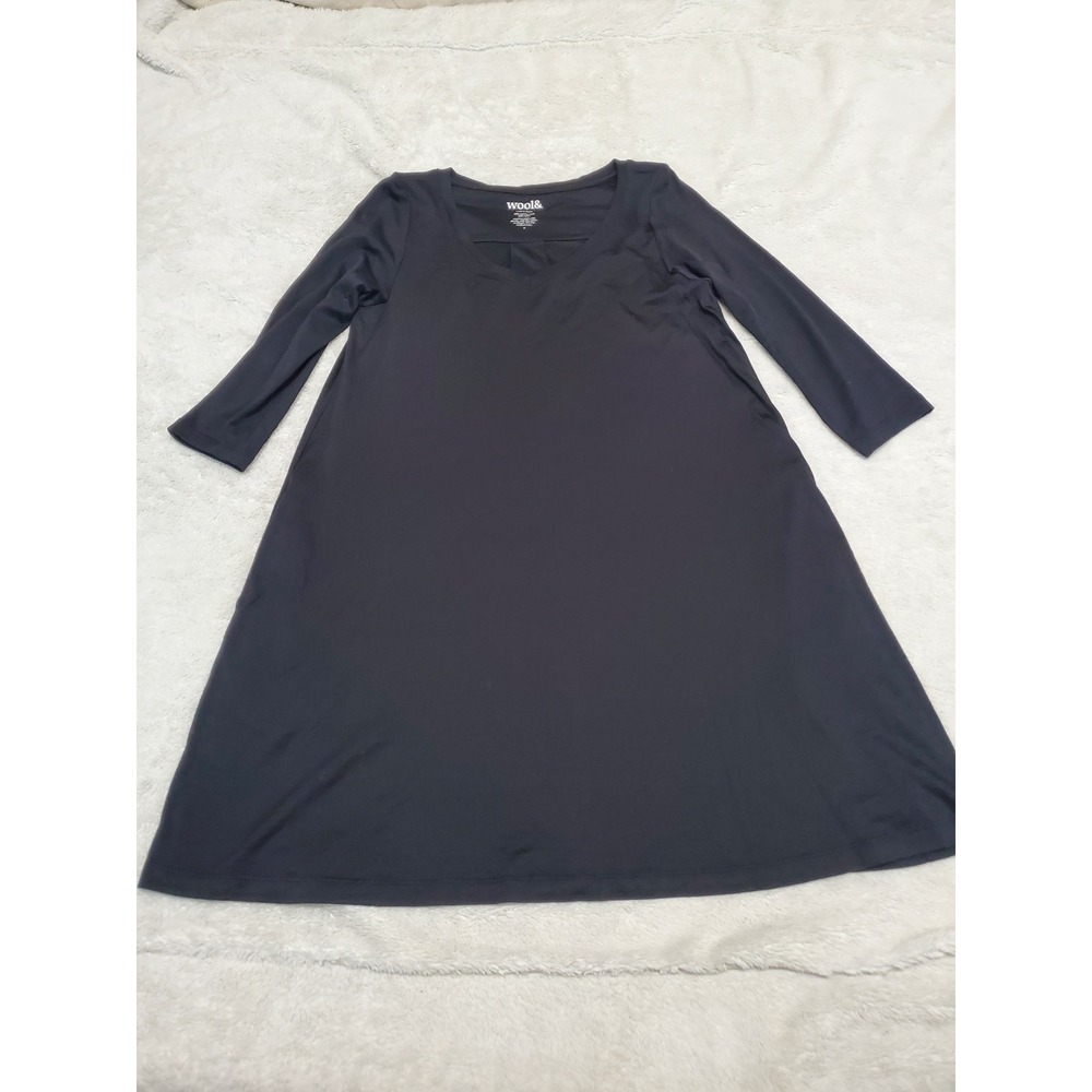 Wool& Black Merino Wool 3/4 Sleeve V Neck Swing Dress Small Minimalist Classic